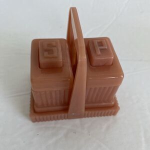 Vintage Art Deco Carvanite 3 Pc Salt Pepper Shaker Set Dusty Rose Box